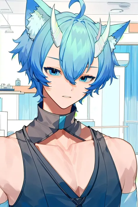 masterpiece, best quality, highres, ultra-detailed, semi-realistic, male focus, anime, (1boy, blue hair, blue eyes, white horns, wolf ears, pectoral cleavage), resting on the couch, indoor, <lora:1651296760419354075:0.7>, <lora:more_details:0.3>