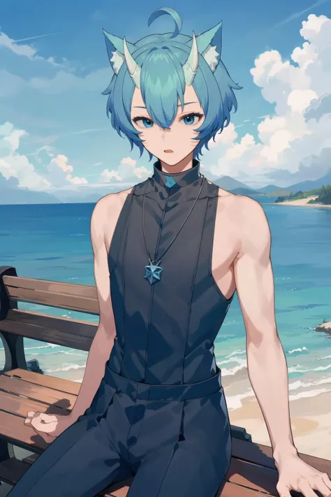 masterpiece, best quality, highres, ultra-detailed, 2d, mal focus, 18 years old boy, completely nude male, muscular male, fair skin, (Frost, 1boy, light blue hair, light blue eyes, white horns, wolf ears, necklace), looking at the viewer, black sleeveless shirt, resting on a bench, outdoors, surprised, <lora:1651296760419354075:0.9>