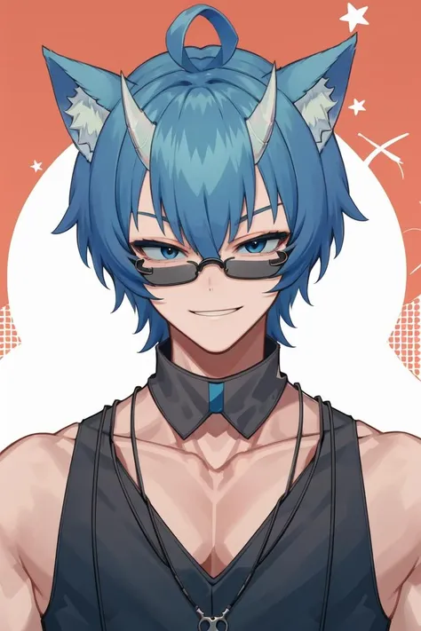 masterpiece, best quality, highres, 1boy, light blue hair, light blue eyes, white horns, wolf ears, <lora:1651296760419354075:0.7>, muscular male, smirk, looking at the viewer, wearing a sleeveless black shirt, pectoral cleavage, necklace, wearing black-framed eyewear,