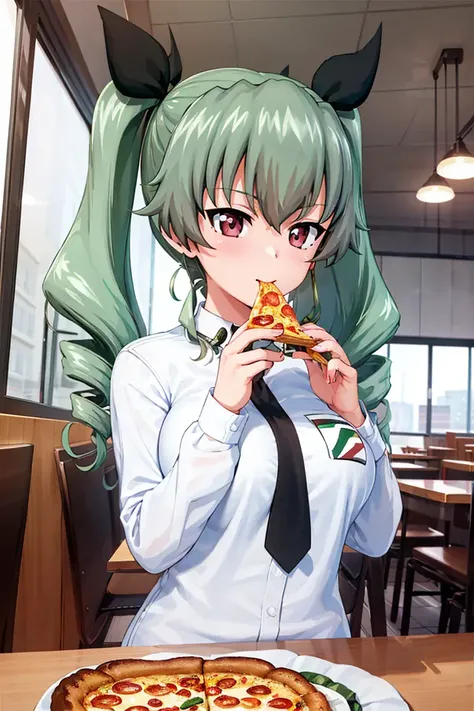 masterpiece, best quality, 1girl, solo, girls und panzer, anchovy, red eyes, twintails, twin drills, hair ribbon,medium breasts, anzio school uniform, anzio school uniform, white shirt, black necktie, eating pizza, sitting,upper body, indoors, restaurant <lora:Anchovy:0.7>