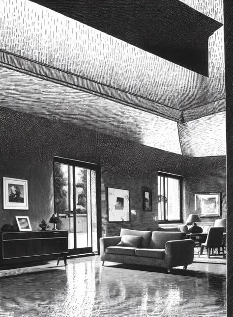 banhua, a girl, indoor,mansion,Indoor, sofa, window, table, floor, <lyco:banhua-000003:1.0>,best quality,masterpiece, Monochromatic printmaking,