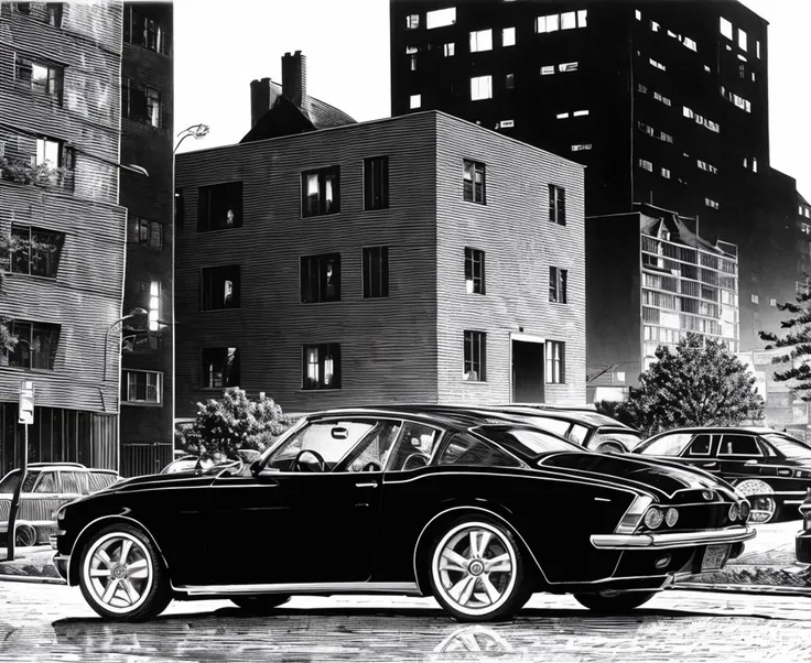 banhua, girl, car, street, city, <lyco:banhua-000003:1.0>,best quality,masterpiece, Monochromatic printmaking,