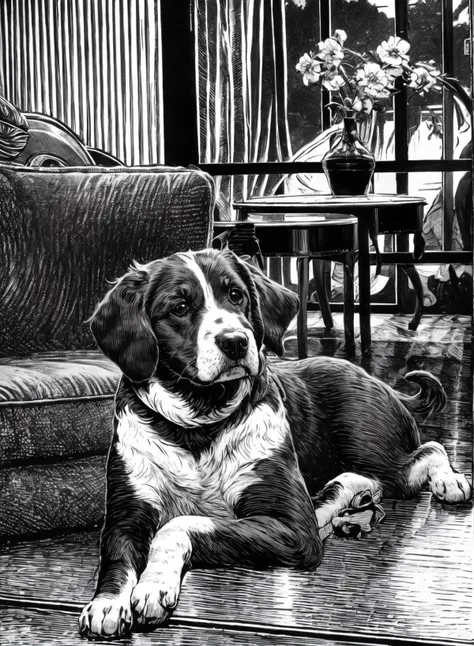 banhua, a dog, indoor,mansion,Indoor, sofa, window, table, floor,   <lyco:banhua-000003:1.0>,best quality,masterpiece, Monochromatic printmaking,