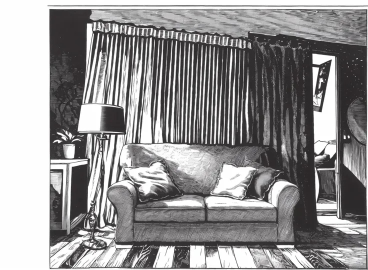 banhua, a girl, indoor,mansion,Indoor, sofa, window, table, floor, <lyco:banhua-000003:1.0>,best quality,masterpiece, Monochromatic printmaking,