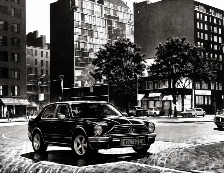 banhua, girl, car, street, city, <lyco:banhua-000003:1.0>,best quality,masterpiece, Monochromatic printmaking,