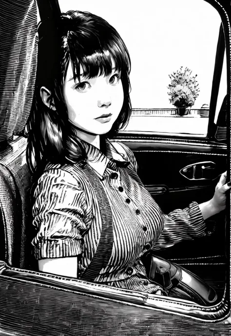 banhua, girl, car, street,  newyork,   <lyco:banhua-000004:1.0>,best quality,masterpiece, Monochromatic printmaking,