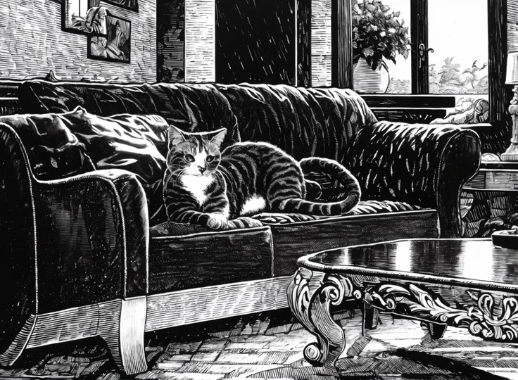 banhua, a cat, indoor,mansion,Indoor, sofa, window, table, floor,   <lyco:banhua-000003:1.0>,best quality,masterpiece, Monochromatic printmaking,