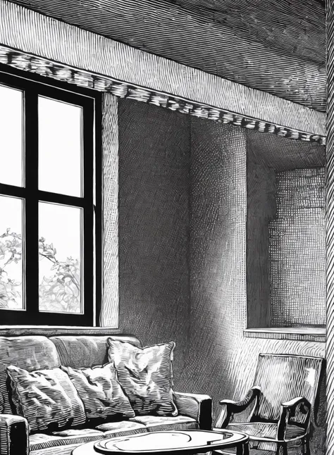 banhua, a girl, indoor,mansion,Indoor, sofa, window, table, floor, <lyco:banhua-000003:1.0>,best quality,masterpiece, Monochromatic printmaking,