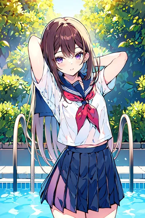 masterpiece, best quality, ultra-detailed, <lora:sakurapion:1>1girl, solo, skirt, long hair, brown hair, purple eyes, pleated skirt, school uniform, sailor collar, pool, arms up, very long hair, looking at viewer, arms behind head, tying hair, bangs, miniskirt