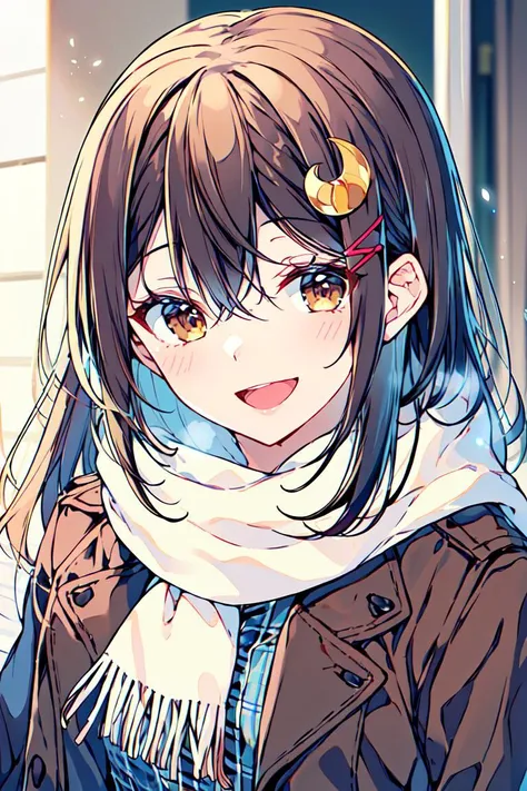 masterpiece, best quality, ultra-detailed, <lora:sakurapion:1>1girl, scarf, smile, long hair, hair ornament, fringe trim, bangs, brown eyes, blush, crescent, open mouth, coat, :d, crescent hair ornament, 1boy, solo focus, upper body, brown hair, brown coat, plaid, long sleeves, hairclip, black hair, hair between eyes