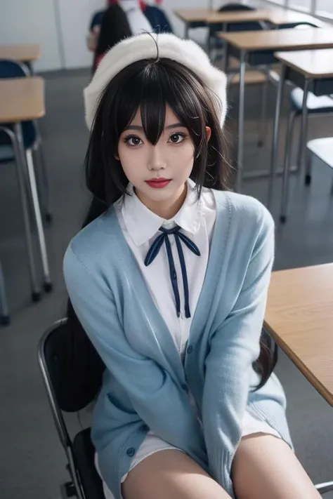 ltra-detailed,highly detailed,best quality,masterpiece,illustration,realistic,
yukinoshita yukino, 1girl,  solo, cosplay,upper body, 
long hair, bangs,hair between eyes,ahoge, hair ribbon, 
neck ribbon, short cardigan, collared dress,long dress, sleeves past wrists, hat, 
socks, loafers, 
looking at viewer,sitting,
indoors, classroom, 
 <lora:yukinoshita yukino_yhz_v1_02:0.7>