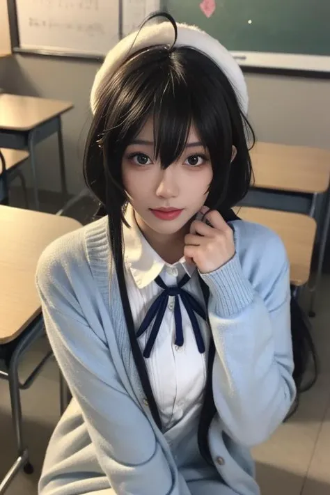 ltra-detailed,highly detailed,best quality,masterpiece,illustration,realistic,
yukinoshita yukino, 1girl,  solo, cosplay,upper body, 
long hair, bangs,hair between eyes,ahoge, hair ribbon, 
neck ribbon, short cardigan, collared dress,long dress, sleeves past wrists, hat, 
socks, loafers, 
looking at viewer,sitting,
indoors, classroom, 
 <lora:yukinoshita yukino_yhz_v1_02:0.7>