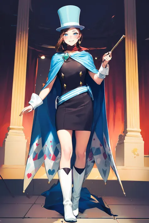 (solo, 1girl), (absurdres, highres, official wallpaper, poster), (masterpiece, best quality:1.2), (illustration, realistic), (perfect details, highest detailed, extreme detailed), dramatic light, <lora:TrucyWright:1>, trucywright, (top hat, blue cape, red necktie, white boots:1.2), (seductive smile, heart-shaped pupils, blush, standing, stage, audience, light, flag)