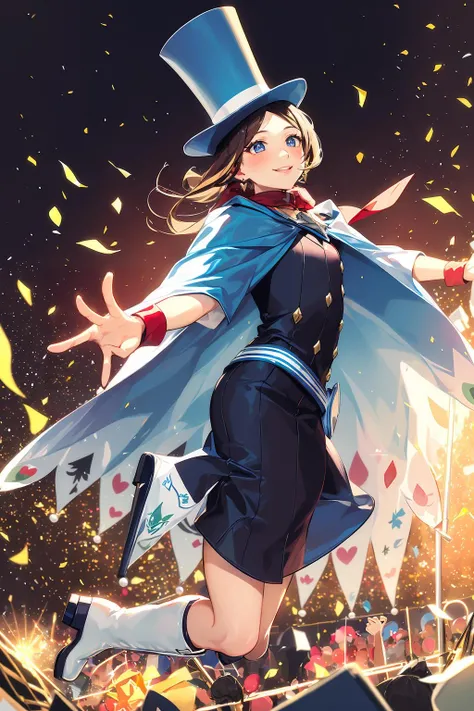 (solo, 1girl), (absurdres, highres, official wallpaper, poster), (masterpiece, best quality:1.2), (illustration, realistic), (perfect details, highest detailed, extreme detailed), dramatic light,  <lora:TrucyWright:1>, trucywright, (top hat, blue cape, red necktie, white boots:1.2), (seductive smile, heart-shaped pupils, blush, jumping, outstretched arms, stage, audience, light, flag)