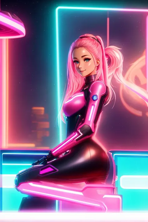 Masterpiece, 4K, HQ, <lora:Neon_Babes:0.6>, Neon Babe, looking at the viewer, symmetric, centered, smiling, anime, hair tied in a ponytail, sexy, blushing, futuristic space suit, full body shot, egirl