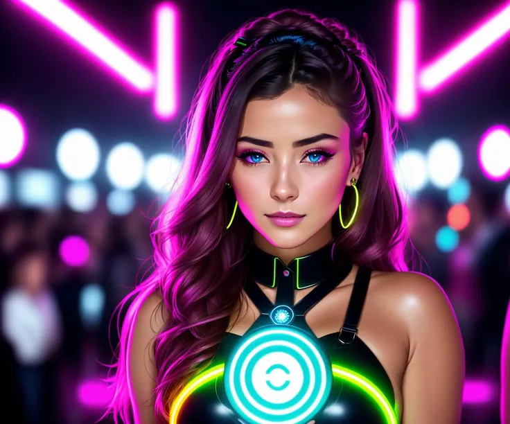 Masterpiece, 4K, HQ, <lora:Neon_Babes:0.6>, Neon Babe, looking at the viewer, symmetric, centered, looking at her smartphone amidst a crowd