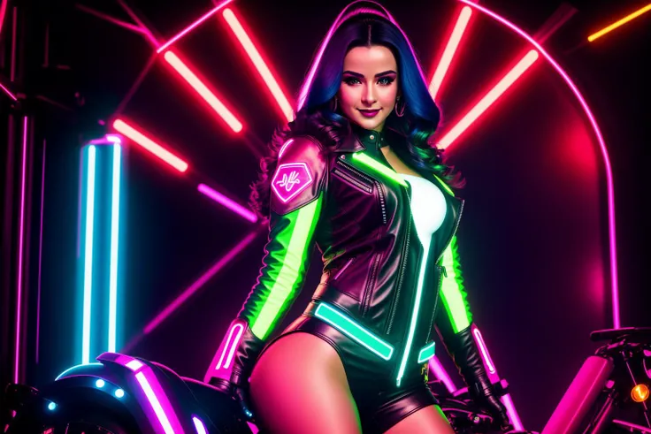 Masterpiece, 4K, HQ, <lora:Neon_Babes:0.6>, Neon Babe, looking at the viewer, symmetric, centered, smiling, lipstick, full body shot, wearing a leather jacket, riding a motorcycle