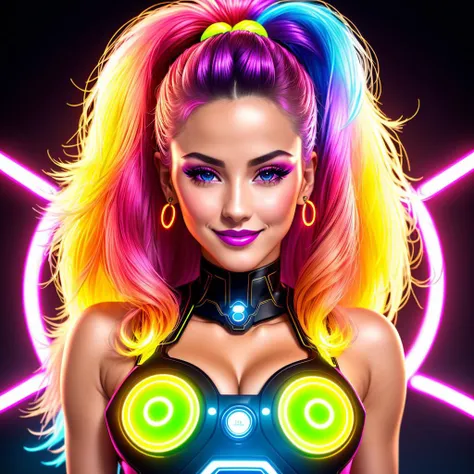 Masterpiece, 4K, HQ, <lora:Neon_Babes:0.6>, Neon Babe, looking at the viewer, symmetric, centered, smiling, lipstick, face ultra focus, bright colors, contrast, robotic suit, modelshoot, hair tied in a ponytail