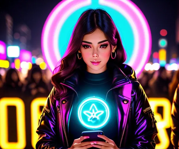 Masterpiece, 4K, HQ, <lora:Neon_Babes:0.6>, Neon Babe, looking at the viewer, symmetric, centered, looking at her smartphone amidst a crowd