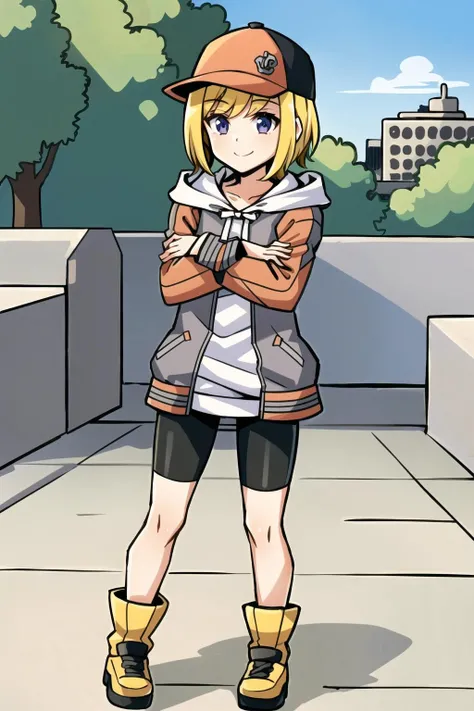 1girl,neorhyme,purple eyes,jacket,hat,baseball cap,bike shorts,rubber boots,smiling,full body,((crossed arms)),hoodie,(in large city,outdoors,cement:1.2), <lora:NeoRhyme:0.7>