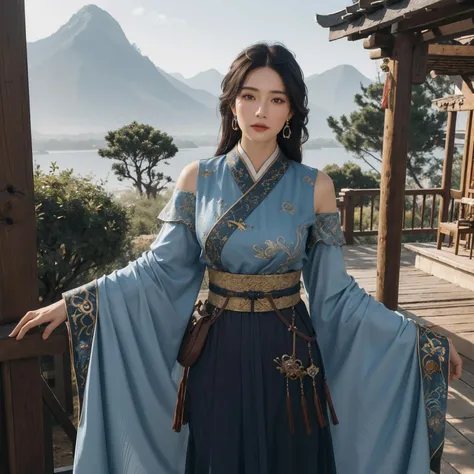 best quality,masterpiece,8k wallpaper,absurdres, highres, ultra detailed, (1 young beautiful girl, solo:1.1),realistic,hair ornament, black hair,cowboy shot, hair stick, chinese clothes, dress, looking at viewer, standing, brown eyes, sash, jewelry,realistic, blue dress,A fairytale land where magical creatures live and thrive,<lora:WLFD_LadyZhen_NOFACE:0.6>
BREAK