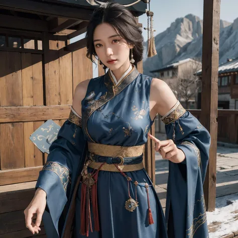 best quality,masterpiece,8k wallpaper,absurdres, highres, ultra detailed, (1 young beautiful girl, solo:1.1),realistic,hair ornament, black hair,cowboy shot, hair stick, chinese clothes, dress, looking at viewer, standing, brown eyes, sash, jewelry,realistic, blue dress,A fairytale land where magical creatures live and thrive,<lora:WLFD_LadyZhen_NOFACE:0.8>
BREAK