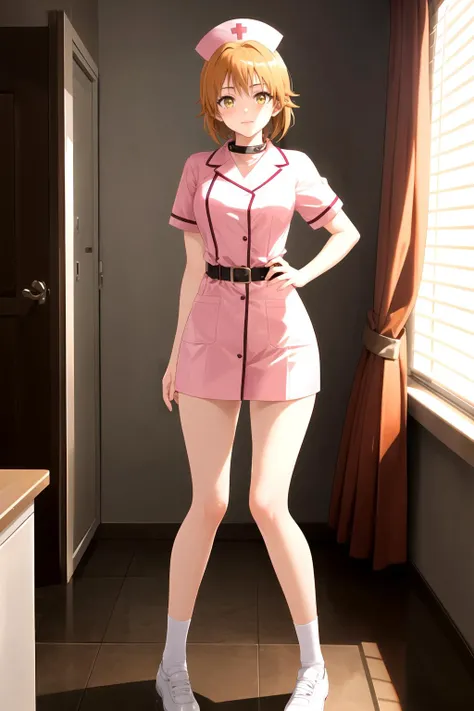<lora:yuusaki_riko:1> yuusaki_riko, (hyper extreme detailed), (masterpiece), (hyper extreme), (photorealistic), CG, (colour:1.1), beautiful lighting, light from the front, solo, 1girl, full body, orange hair, short hair, yellow eyes, nurse outfit