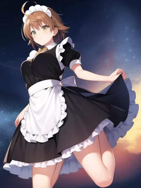 (hyper extreme detailed),(masterpeace),(hyper extreme),(photorealistic),CG,(colour:1.1), beautiful lighting,light from the front,solo,1girl, full body, <lora:yuusaki_riko:1>,yuusaki_riko,orenge hair,short hair,messy hair,yellow eyes, ahoge,maid
