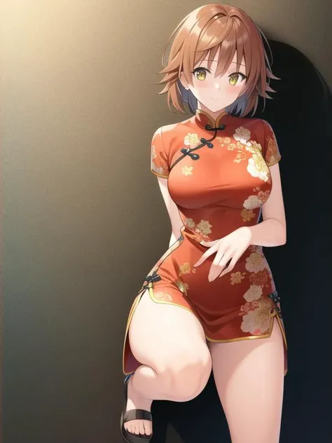 (hyper extreme detailed),(masterpeace),(hyper extreme),(photorealistic),CG,(colour:1.1), beautiful lighting,light from the front,solo,1girl, full body, <lora:yuusaki_riko:1>,yuusaki_riko,orenge hair,short hair,messy hair,yellow eyes, China Dress