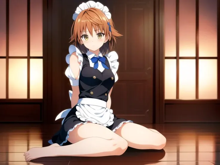 (hyper extreme detailed),(masterpeace),(hyper extreme),(photorealistic),CG,(colour:1.1), beautiful lighting,light from the front,solo,1girl, full body, <lora:yuusaki_riko:1>,yuusaki_riko,orenge hair,short hair,messy hair,yellow eyes, maid