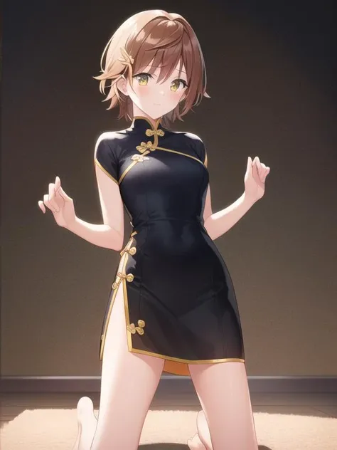 (hyper extreme detailed),(masterpeace),(hyper extreme),(photorealistic),CG,(colour:1.1), beautiful lighting,light from the front,solo,1girl, full body, <lora:yuusaki_riko:1>,yuusaki_riko,orenge hair,short hair,messy hair,yellow eyes, China Dress