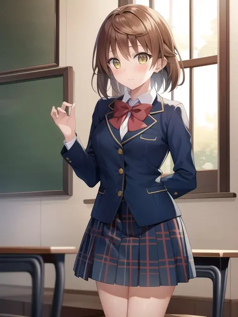 (hyper extreme detailed),(masterpeace),(hyper extreme),(photorealistic),CG,(colour:1.1), beautiful lighting,light from the front,solo,1girl, full body, <lora:yuusaki_riko:1>,yuusaki_riko,orenge hair,short hair,yellow eyes,school uniform,
