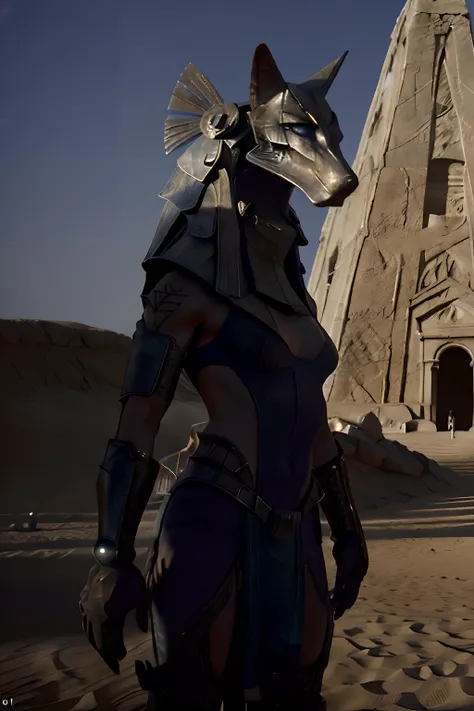 cinematic vfx movie still full figure frame of a smooth, elegant, powerful, (muscular:1.3), proud, dominant, sexy, person as a flirting posing dominant powerful anubis wearing a wolf, anubis outside in the sand in front of a science ficiton pyramid, epic volumetric lighting, film grain, centered, full body, (masterpiece, best quality, highres, photo-referenced:1.1), (science fiction:1.1), sparkling eyes, caustics, (character focus), (perfect anatomy:1.2), (realistic, photorealistic:1.5), seen from below, elegant, tight fitting, (science fiction:1.3), Anubis, (jackal:1.2), (digitigrade:1.4), designed by Joseph A. Porro, the science fiction cybernetic jackal helmet is made of metal with intrinsic details, the gauntlets, atmospheric, caustics, volumetric lighting, mix of natural lighting and artificial lighting, cinematography by Karl Walter Lindenlaub, directed by Roland Emmerich, (photorealistic:1.4), big breasts, photo, <lora:stargateJackal:0.8>