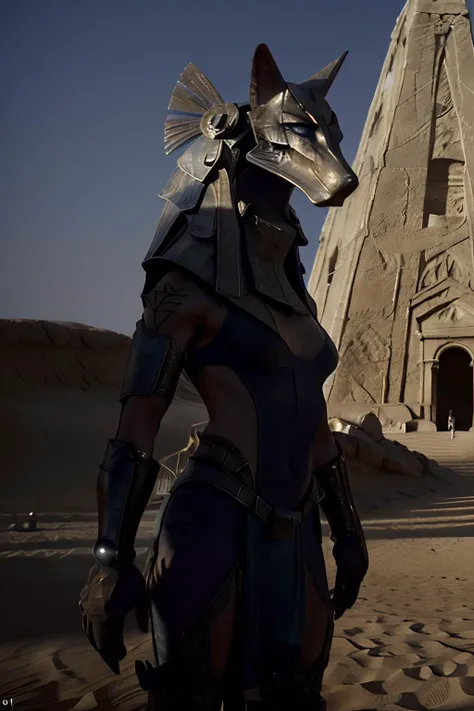 cinematic vfx  movie still full figure frame of a smooth, elegant, powerful, (muscular:1.3),  proud, dominant, sexy,  beyonce as a flirting posing dominant powerful anubis wearing a wolf <lora:stargateJackal:0.5>  anubis    outside in the sand in  front of a science ficiton pyramid,  epic volumetric lighting, film grain, centered, full body, (masterpiece, best quality, highres, photo-referenced:1.1), (science fiction:1.1), sparkling eyes, caustics, (character focus), (perfect anatomy:1.2), (realistic, photorealistic:1.5), seen from below ,   elegant, tight fitting, (science fiction:1.3) Anubis (jackal:1.2)  (digitigrade:1.4) designed by Joseph A. Porro, the science fiction cybernetic  jackal helmet is made of metal with intrinsic details,  the gauntlets,   atmospheric, caustics, volumetric lighting, mix of natural lighting and artificial lighting, cinematography  by Karl Walter Lindenlaub,  directed by Roland Emmerich, (photorealistic:1.4), big breasts, nipples , photo