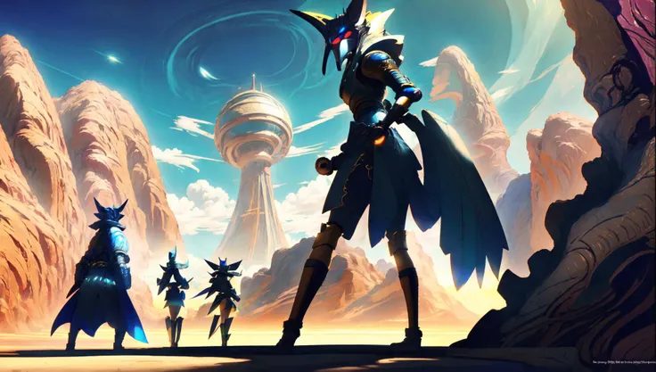 (GlitchStick:0.5) (anime:1), (stargatejackal:1) group of travelers journey through a magical desert to find a hidden oasis [fantasy|scifi] (crazy eyes:1) (crazy face:1) (style of Hirohiko Araki:1) (wlop:1) (anubis:0.90) <lora:wlopStyleLora_30Epochs:0.6> <lora:johnsondesuv15-320-e1:0.6> <lora:crazyExpressions:1>  <lora:GlitchStickV15-256:0.6>  <lora:stargateAnubisJackal_10:.8>
