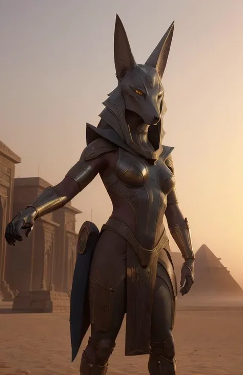cinematic vfx movie still full figure frame of a smooth, elegant, powerful, (muscular:1.3), proud, dominant, sexy, beyonce as a flirting posing dominant powerful anubis wearing a wolf <lora:stargateJackal:0.5> anubis outside in the sand in front of a science ficiton pyramid, epic volumetric lighting, film grain, centered, full body, (masterpiece, best quality, highres, photo-referenced:1.1), (science fiction:1.1), sparkling eyes, caustics, (character focus), (perfect anatomy:1.2), (realistic, photorealistic:1.5), seen from below , elegant, tight fitting, (science fiction:1.3) Anubis (jackal:1.2) (digitigrade:1.4) designed by Joseph A. Porro, the science fiction cybernetic jackal helmet is made of metal with intrinsic details, the gauntlets, atmospheric, caustics, volumetric lighting, mix of natural lighting and artificial lighting, cinematography by Karl Walter Lindenlaub, directed by Roland Emmerich, (photorealistic:1.4), big breasts, nipples , photo