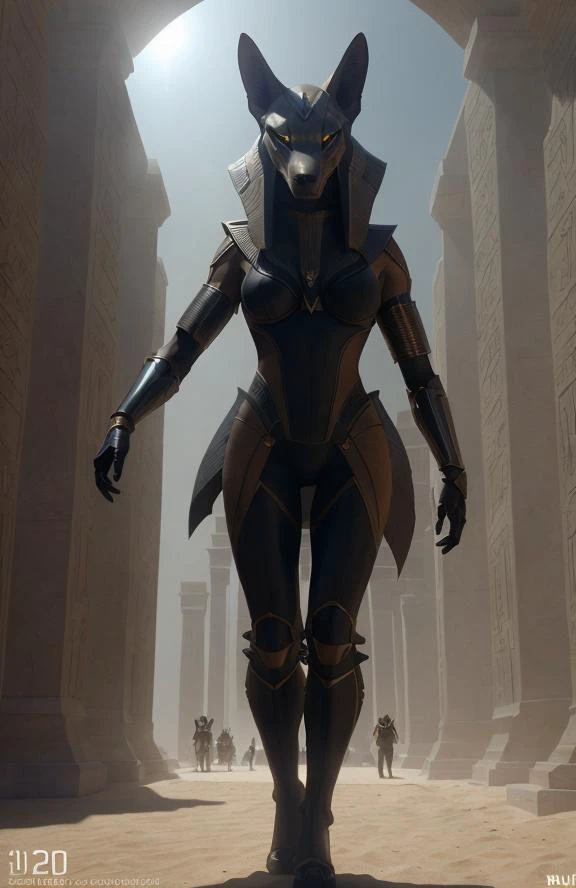 cinematic vfx still full figure frame of a smooth, elegant, powerful, (muscular:1.3), proud, dominant, sexy, beyonce as a flirting posing dominant powerful anubis wearing a wolf (black:1.2) <lora:stargateJackal:0.45> anubis outside in the sand in front of a science ficiton pyramid, epic volumetric lighting, film grain, centered, full body, (masterpiece, best quality, highres, photo-referenced:1.1), (science fiction:1.1), sparkling eyes, caustics, (character focus), (perfect anatomy:1.2), (realistic, photorealistic:1.5), seen from below , elegant, tight fitting, (science fiction:1.3) Anubis (jackal:1.2) (digitigrade:1.4) Egyptian style power armor designed by Joseph A. Porro, the science fiction cybernetic jackal helmet is made of metal with intrinsic details, the gauntlets, atmospheric, caustics, volumetric lighting, mix of natural lighting and artificial lighting, cinematography by Karl Walter Lindenlaub, directed by Roland Emmerich, (photorealistic:1.4), big breasts, nipples , photo