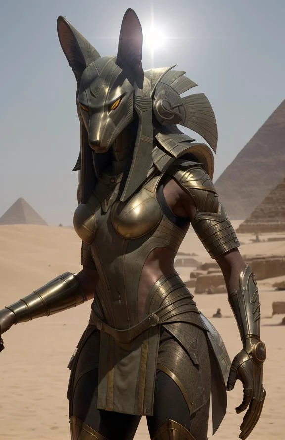 cinematic vfx movie still full figure frame of a smooth, elegant, powerful, (muscular:1.3), proud, dominant, sexy, shakira as a flirting posing dominant powerful anubis wearing a wolf <lora:stargateJackal:0.5> anubis outside in the sand in front of a science ficiton pyramid, epic volumetric lighting, film grain, centered, full body, (masterpiece, best quality, highres, photo-referenced:1.1), (science fiction:1.1), sparkling eyes, caustics, (character focus), (perfect anatomy:1.2), (realistic, photorealistic:1.5), seen from below , elegant, tight fitting, (science fiction:1.3) Anubis (jackal:1.2) (digitigrade:1.4) designed by Joseph A. Porro, the science fiction cybernetic jackal helmet is made of metal with intrinsic details, the gauntlets, atmospheric, caustics, volumetric lighting, mix of natural lighting and artificial lighting, cinematography by Karl Walter Lindenlaub, directed by Roland Emmerich, (photorealistic:1.4), big breasts, nipples , photo