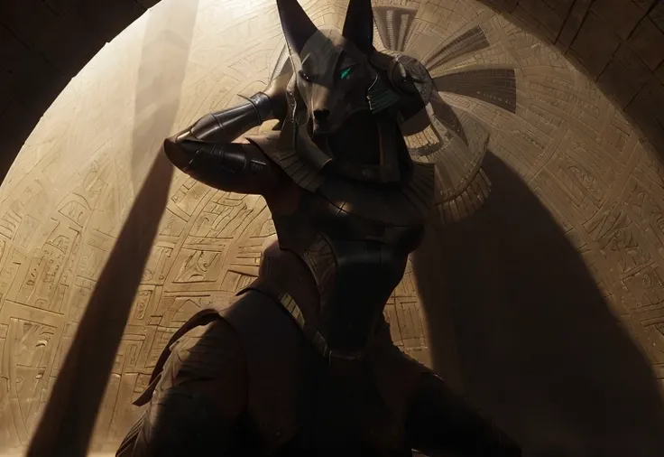 cinematic vfx still full figure frame of a smooth, elegant, powerful, (muscular:1.3), proud, dominant, sexy, babara palvin as a flirting posing dominant powerful anubis wearing a wolf (black:1.2) <lora:stargateJackal:0.80> (anubis:0.90) inside an Egyptian science fiction (torture chamber:1.2) (dungeon:1.1) tomb (prison:1.3), epic volumetric lighting, film grain, centered, full body, (masterpiece, best quality, highres, photo-referenced:1.1), (science fiction:1.1), sparkling eyes, caustics, (character focus), (perfect anatomy:1.2), (realistic, photorealistic:1.5), seen from below , elegant, tight fitting, (science fiction:1.3) Anubis (jackal:1.2) (digitigrade:1.4) Egyptian style power armor designed by Joseph A. Porro, the science fiction cybernetic jackal helmet is made of metal with intrinsic details, the gauntlets, inside an Egyptian temple with hieroglyphs depicting female symbols, (seen from below:1), atmospheric, caustics, volumetric lighting, mix of natural lighting and artificial lighting, cinematography by Karl Walter Lindenlaub, directed by Roland Emmerich, (photorealistic:1.4), big breasts, nipples , photo