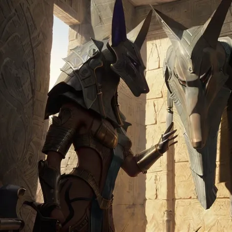 cinematic vfx  movie still full figure frame of a smooth, elegant, powerful, (muscular:1.3),  proud, dominant, sexy,  babara palvin as a flirting posing dominant powerful anubis wearing a wolf (black:1.2) <lora:stargateJackal:0.80>  (anubis:0.90)   inside an Egyptian science fiction (torture chamber:1.2) (dungeon:1.1) tomb (prison:1.3),  epic volumetric lighting, film grain, centered, full body, (masterpiece, best quality, highres, photo-referenced:1.1), (science fiction:1.1), sparkling eyes, caustics, (character focus), (perfect anatomy:1.2), (realistic, photorealistic:1.5), seen from below ,   elegant, tight fitting, (science fiction:1.3) Anubis (jackal:1.2)  (digitigrade:1.4) Egyptian style power armor designed by Joseph A. Porro, the science fiction cybernetic  jackal helmet is made of metal with intrinsic details,  the gauntlets,   inside an Egyptian temple with hieroglyphs depicting female symbols, (seen from below:1), atmospheric, caustics, volumetric lighting, mix of natural lighting and artificial lighting, cinematography  by Karl Walter Lindenlaub,  directed by Roland Emmerich, (photorealistic:1.4), big breasts, nipples , photo