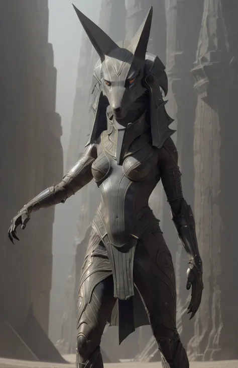 cinematic vfx movie still full figure frame of a smooth, elegant, powerful, (muscular:1.2), proud, dominant, barbara palvin as a flirting posing dominant powerful anubis wearing a wolf <lora:stargateJackal:0.6> (anubis:0.7) (jackal:0.6) (pointy ears:1.1) outside in the sand in front of a science ficiton pyramid, epic volumetric lighting, film grain, centered, full body, (masterpiece, best quality, highres, photo-referenced:1.1), (science fiction:1.1), sparkling eyes, caustics, (character focus), (perfect anatomy:1.2), (realistic, photorealistic:1.5), seen from below , elegant, tight fitting, (science fiction:1.3) Anubis (jackal:1.2) (digitigrade:1.4) designed by Joseph A. Porro, the science fiction cybernetic jackal helmet is made of metal with intrinsic details, the gauntlets, atmospheric, caustics, volumetric lighting, mix of natural lighting and artificial lighting, cinematography by Karl Walter Lindenlaub, directed by Roland Emmerich, (photorealistic:1.4) , photo