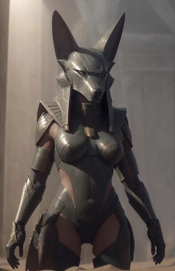 cinematic vfx movie still full figure frame of a smooth, elegant, powerful, (muscular:1.3), proud, dominant, sexy, beyonce as a flirting posing dominant powerful anubis wearing a wolf (black:1.2) <lora:stargateJackal:0.45> anubis outside in the sand in front of a science ficiton pyramid, epic volumetric lighting, film grain, centered, full body, (masterpiece, best quality, highres, photo-referenced:1.1), (science fiction:1.1), sparkling eyes, caustics, (character focus), (perfect anatomy:1.2), (realistic, photorealistic:1.5), seen from below , elegant, tight fitting, (science fiction:1.3) Anubis (jackal:1.2) (digitigrade:1.4) Egyptian style power armor designed by Joseph A. Porro, the science fiction cybernetic jackal helmet is made of metal with intrinsic details, the gauntlets, atmospheric, caustics, volumetric lighting, mix of natural lighting and artificial lighting, cinematography by Karl Walter Lindenlaub, directed by Roland Emmerich, (photorealistic:1.4), big breasts, nipples , photo