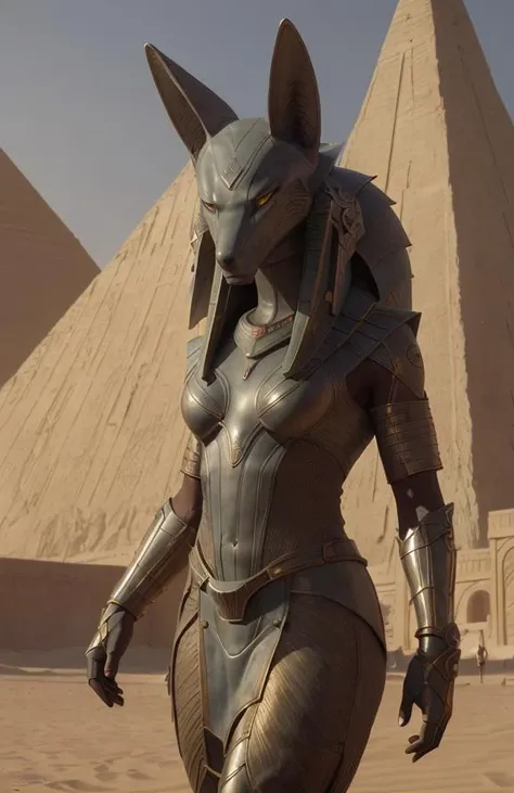 cinematic vfx still full figure frame of a smooth, elegant, powerful, (muscular:1.3), proud, dominant, sexy, shakira as a flirting posing dominant powerful anubis wearing a wolf <lora:stargateJackal:0.5> anubis outside in the sand in front of a science ficiton pyramid, epic volumetric lighting, film grain, centered, full body, (masterpiece, best quality, highres, photo-referenced:1.1), (science fiction:1.1), sparkling eyes, caustics, (character focus), (perfect anatomy:1.2), (realistic, photorealistic:1.5), seen from below , elegant, tight fitting, (science fiction:1.3) Anubis (jackal:1.2) (digitigrade:1.4) designed by Joseph A. Porro, the science fiction cybernetic jackal helmet is made of metal with intrinsic details, the gauntlets, atmospheric, caustics, volumetric lighting, mix of natural lighting and artificial lighting, cinematography by Karl Walter Lindenlaub, directed by Roland Emmerich, (photorealistic:1.4), big breasts, nipples , photo