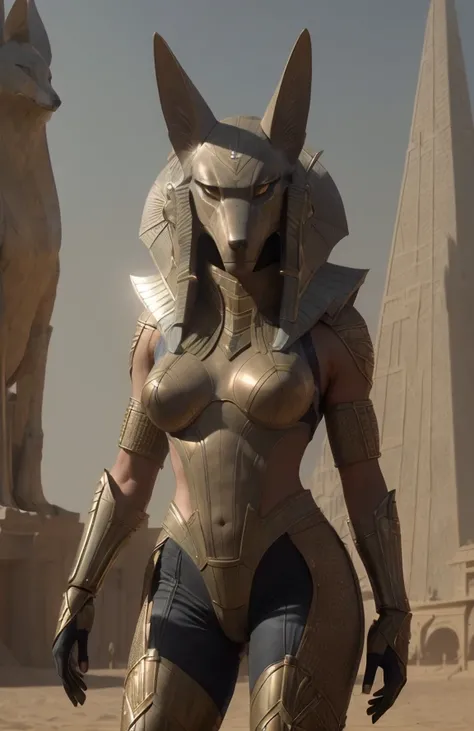 cinematic vfx movie still full figure frame of a smooth, elegant, powerful, (muscular:1.3), proud, dominant, sexy, beyonce as a flirting posing dominant powerful anubis wearing a wolf <lora:stargateJackal:0.5> anubis outside in the sand in front of a science ficiton pyramid, epic volumetric lighting, film grain, centered, full body, (masterpiece, best quality, highres, photo-referenced:1.1), (science fiction:1.1), sparkling eyes, caustics, (character focus), (perfect anatomy:1.2), (realistic, photorealistic:1.5), seen from below , elegant, tight fitting, (science fiction:1.3) Anubis (jackal:1.2) (digitigrade:1.4) designed by Joseph A. Porro, the science fiction cybernetic jackal helmet is made of metal with intrinsic details, the gauntlets, atmospheric, caustics, volumetric lighting, mix of natural lighting and artificial lighting, cinematography by Karl Walter Lindenlaub, directed by Roland Emmerich, (photorealistic:1.4), big breasts, nipples , photo