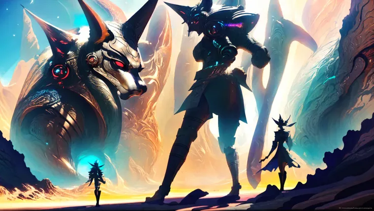 (GlitchStick:0.5) (anime:1), (stargatejackal:1) group of travelers journey through a magical desert to find a hidden oasis [fantasy|scifi] (crazy eyes:1) (crazy face:1) (style of Hirohiko Araki:1) (wlop:1) (anubis:0.90) <lora:wlopStyleLora_30Epochs:0.6> <lora:johnsondesuv15-320-e1:0.6> <lora:crazyExpressions:1>  <lora:GlitchStickV15-256:0.6>  <lora:stargateAnubisJackal_10:.8>