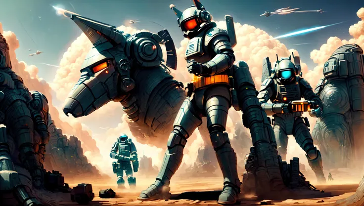 (GlitchStick:0.5) (Photo:1), group of (SpaceWar:1) soldiers journey through a desert to find a hidden (stargatejackal:1) [fantasy:scifi:2] (crazy eyes:1) (crazy face:1) (style of Hirohiko Araki:1) (anubis:0.80) <lora:johnsondesuv15-320-e1:0.6> <lora:crazyExpressions:1>  <lora:GlitchStickV15-256:0.4>  <lora:stargateAnubisJackal_10:0.8> <lora:SpacewarV15-256:0.6>