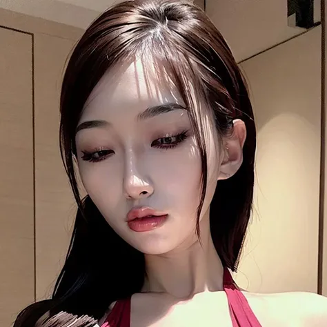 1girl, solo, long hair, looking at viewer, realistic, mole, portrait, lips, bangs, bare shoulders, parted lips, dress, lap,<lora:FLJ lianhong_20230603164555:0.9>
