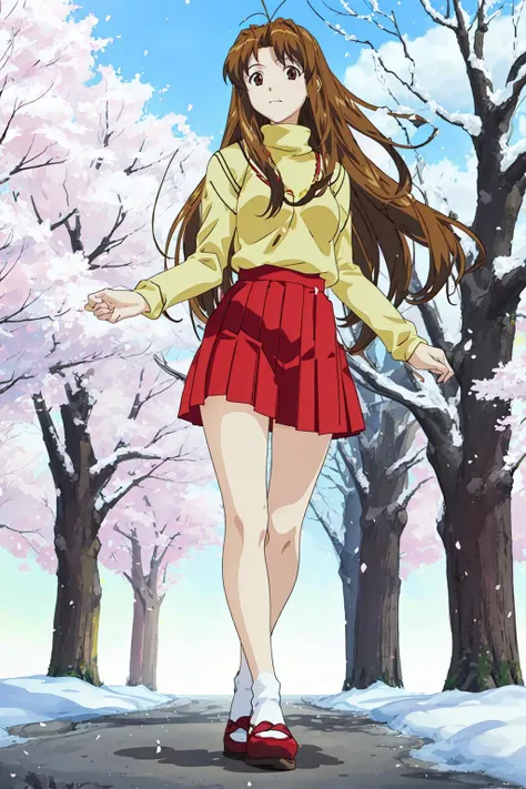 <lora:love-hina-naru-narusegawa:1> naru narusegawa, long hairs, yellow turtleneck, (red pleated skirt:1.1), looking at viewer, full body shot, sakura trees in background, blue sky, beautiful face, highly detailled eyes, masterpiece, absurdres