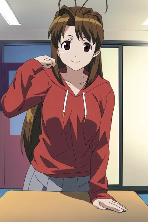 <lora:love-hina-naru-narusegawa:1.2> naru narusegawa wearing a red hoodie and a (gray skirt:1.1), looking at viewer, in a school classroom, beautiful face, highly detailled eyes, masterpiece, absurdres