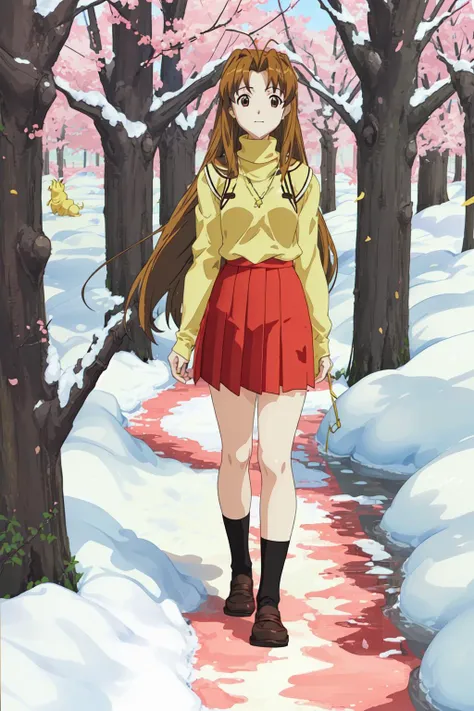 <lora:love-hina-naru-narusegawa:1> naru narusegawa, long hairs, yellow turtleneck, (red pleated skirt:1.1), looking at viewer, full body shot, sakura trees in background, blue sky, beautiful face, highly detailled eyes, masterpiece, absurdres